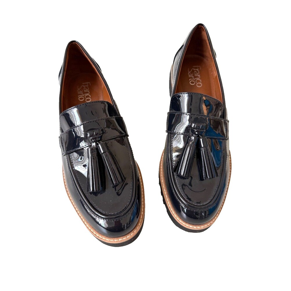 Franco Sarto Women's Sz 8.5M Carolyn Lugsole Tassled Loafer In Black Patent
